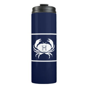 Monogrammed Navy Blue White Crab Nautical Thermal Tumbler