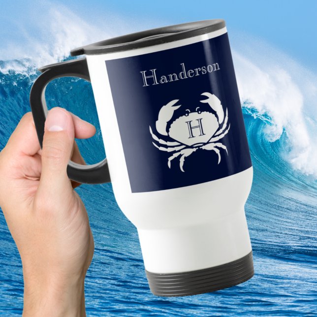 Monogrammed Navy Blue White Crab Nautical   Travel Mug (Creator Uploaded)