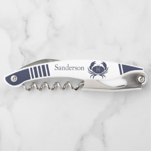 Monogrammed Navy Blue White Crab Nautical Waiter's Corkscrew