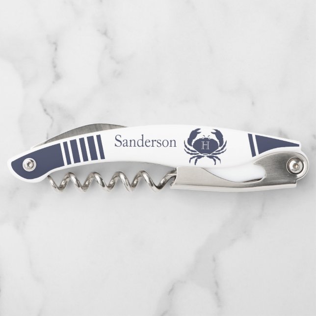 Monogrammed Navy Blue White Crab Nautical Waiter's Corkscrew (Back)