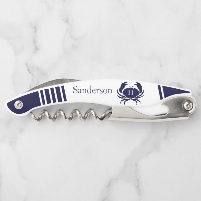 Monogrammed Navy Blue White Crab Nautical Waiter's Corkscrew (Back)