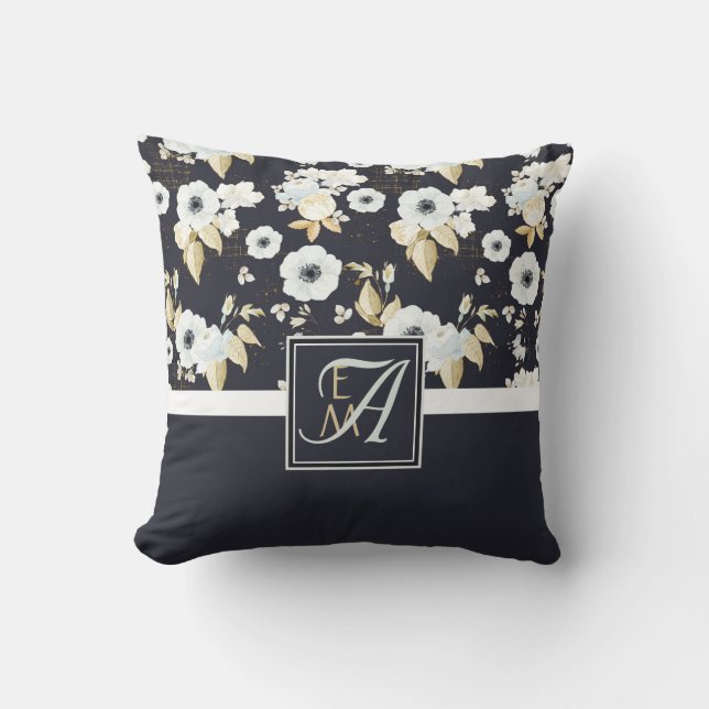 Monogrammed Navy Blue White Floral Decor Anemone Cushion (Front)