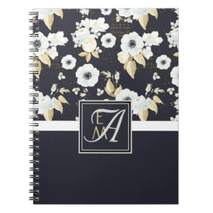 Monogrammed Navy Blue White Floral Decor Anemone Notebook