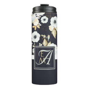 Monogrammed Navy Blue White Floral Decor Anemone Thermal Tumbler