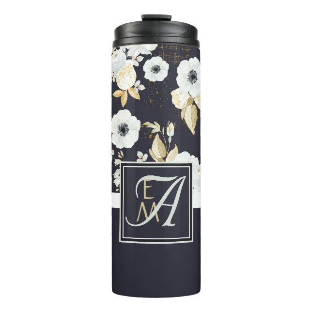 Monogrammed Navy Blue White Floral Decor Anemone Thermal Tumbler (Front)