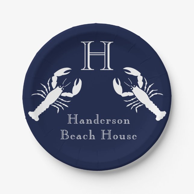 Monogrammed Navy Blue White Lobster Nautical    Paper Plate (Front)