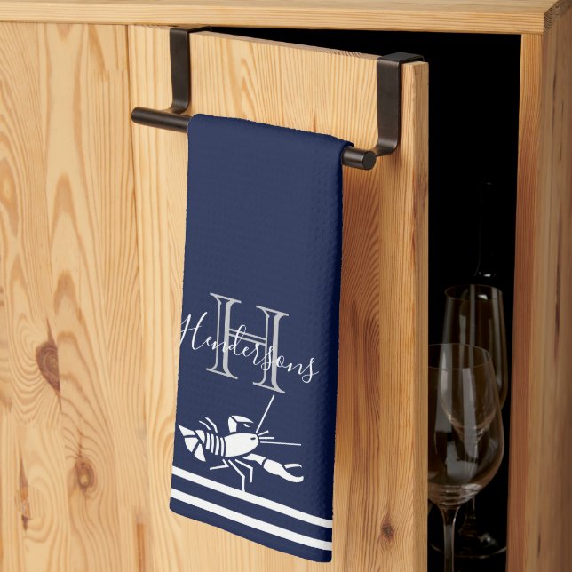 Monogrammed Navy Blue White Lobster Nautical  Tea Towel (Thirds Fold)