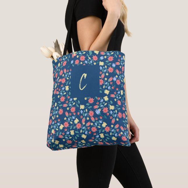 Monogrammed Navy Willowmere Floral Tote bag (Close Up)