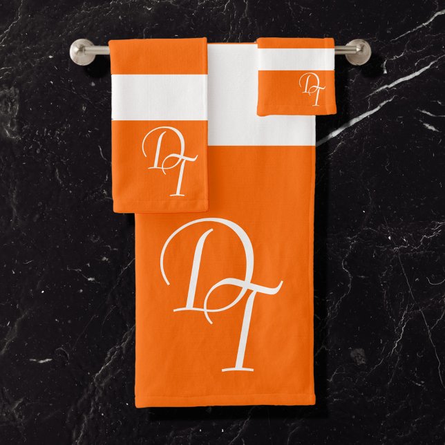 Monogrammed -  neon orange white - bold stripes bath towel set (Creator Uploaded)