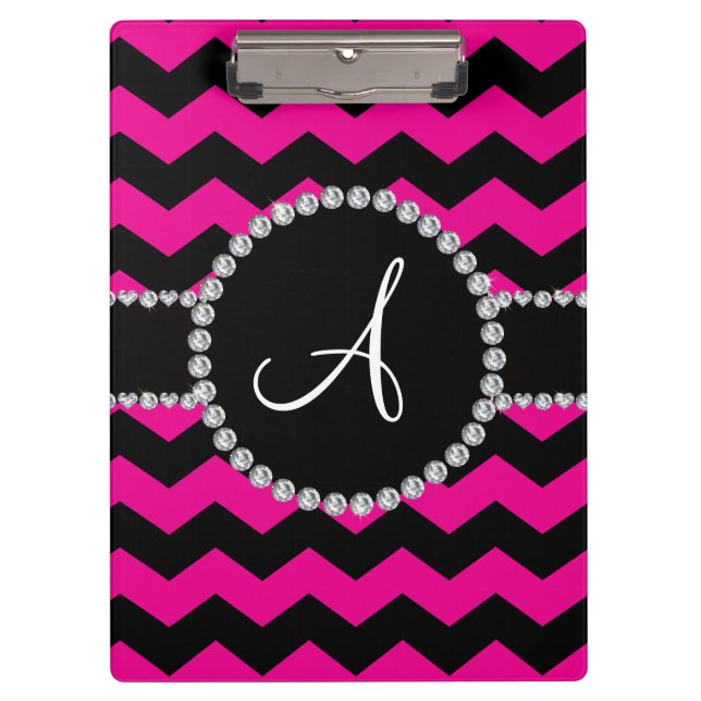 Monogrammed neon pink black chevrons clipboard (Front)