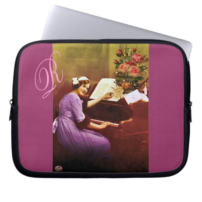 Monogrammed Neoprene Laptop Sleeve w Vintage Image (Front)