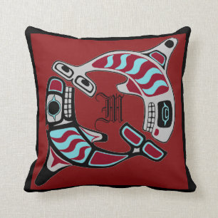 Monogrammed Northwest Coast Art Orcas Cushion