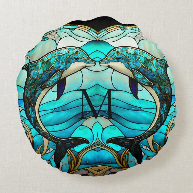 Monogrammed Ocean Beach House Blue Dolphin Mosaic Round Cushion (Back)