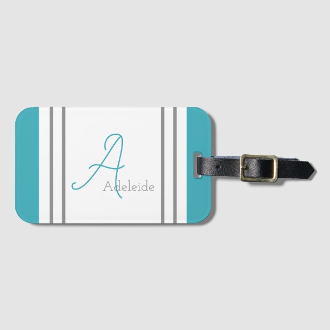 Monogrammed Ocean Blue & Grey Stripes Luggage Tag (Front Horizontal)