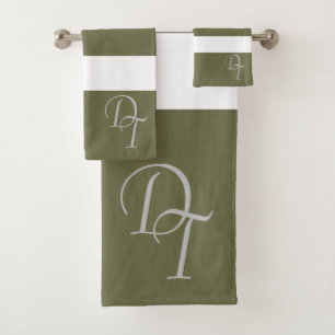 Monogrammed -  olive  white - bold stripes bath towel set