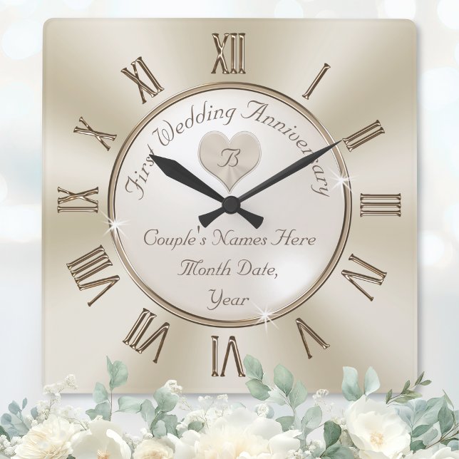 Monogrammed One Year Wedding Anniversary Gifts Square Wall Clock (1st Wedding Anniversary Clock. 1st anniversary gift for wife, husband. Modern 1st anniversary gifts.)