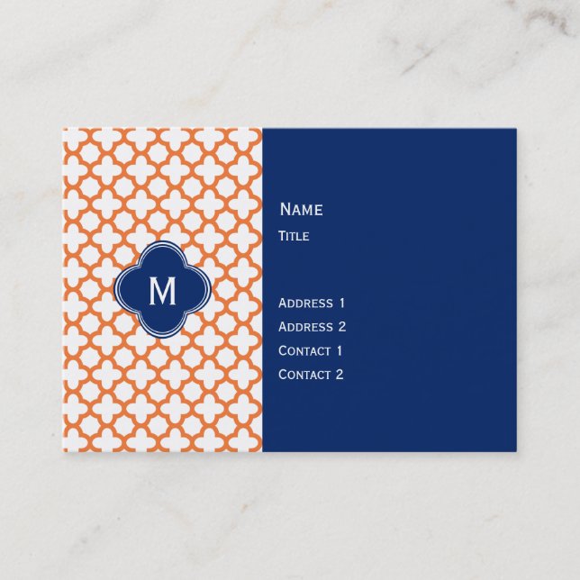 Monogrammed Orange  and Royal Blue Quatrefoil Business Card (Front)