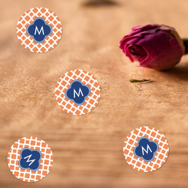Monogrammed Orange and Royal Blue Quatrefoil Classic Round Sticker (Creator Uploaded)