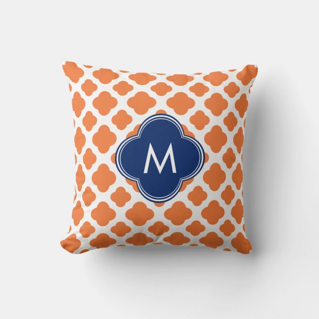 Monogrammed Orange and Royal Blue Quatrefoil Cushion (Front)