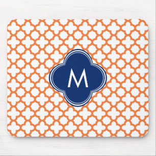 Monogrammed Orange  and Royal Blue Quatrefoil Mouse Mat