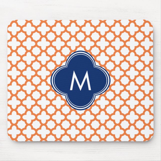 Monogrammed Orange  and Royal Blue Quatrefoil Mouse Mat (Front)