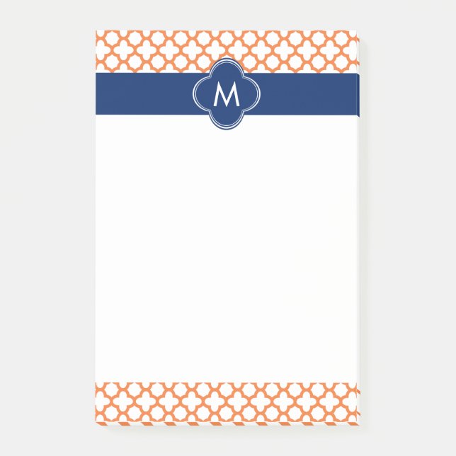Monogrammed Orange  and Royal Blue Quatrefoil Post-it Notes (Front)