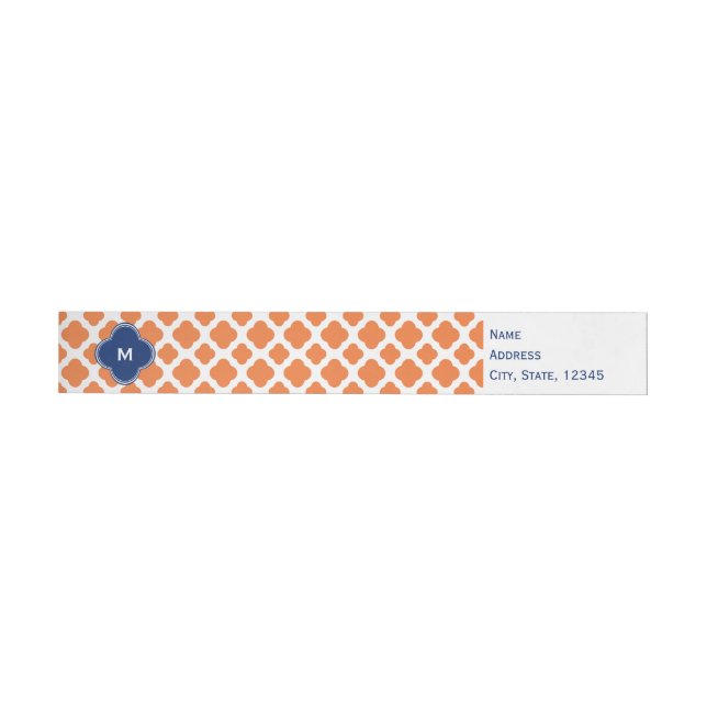 Monogrammed Orange and Royal Blue Quatrefoil Wraparound Address Label (Individual)