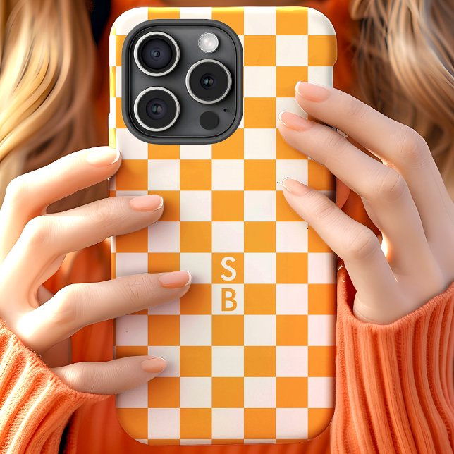 Monogrammed Orange And White Chequerboard Pattern Case-Mate iPhone Case (Creator Uploaded)