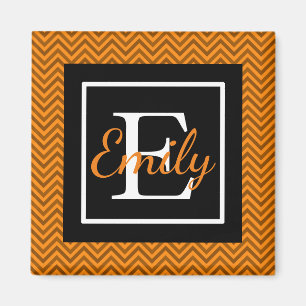 Monogrammed Orange & Black Chevron Pattern Magnet