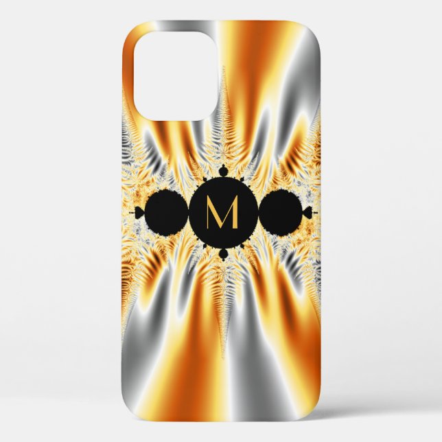 Monogrammed Orange Grey Metallic Fractal Case-Mate iPhone Case (Back)