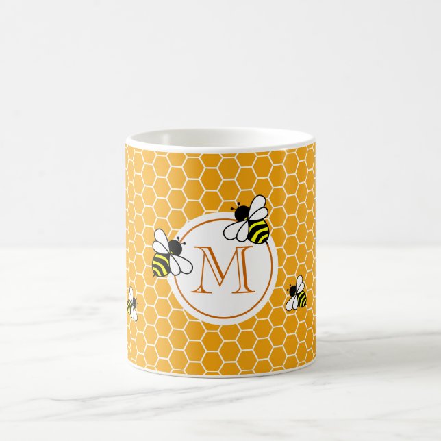 Monogrammed Orange Honeycomb Pattern with Bees Coffee Mug (Center)