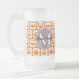 Monogrammed Orange Owls Frosted Glass Beer Mug