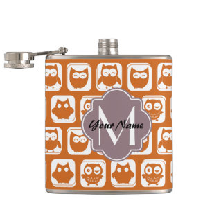 Monogrammed Orange Owls Hip Flask