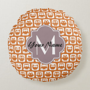 Monogrammed Orange Owls Round Cushion