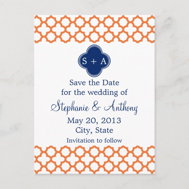 Monogrammed Orange , Royal Blue Quatrefoil Announcement Postcard (Front)