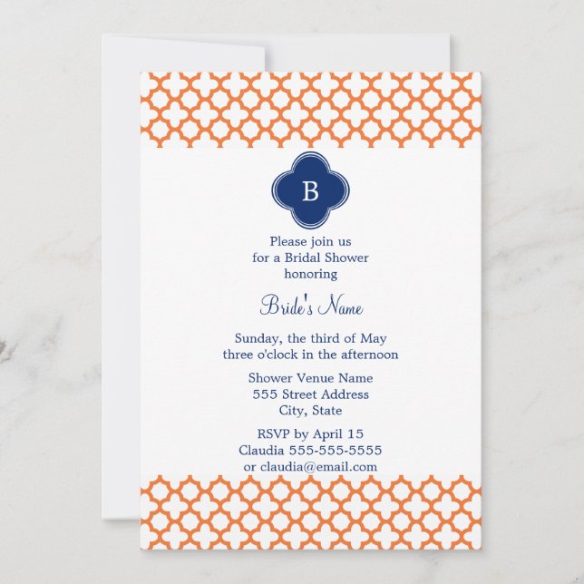Monogrammed Orange , Royal Blue Quatrefoil Bridal Invitation (Front)