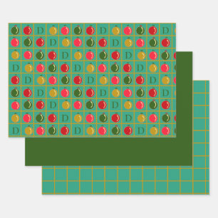 Monogrammed Ornamental Bingo Green Red Christmas Wrapping Paper Sheet