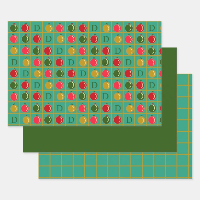 Monogrammed Ornamental Bingo Green Red Christmas Wrapping Paper Sheet (Set)