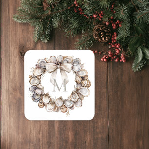 Monogrammed Oyster Shell Wreath Christmas Coaster