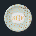Monogrammed Pale Mint Blue and Gold Glitter Dots Paper Plate<br><div class="desc">Modern and on-trend dots of faux gold glitter on a pale mint blue green background make these paper party plates the perfect addition to any celebration.</div>