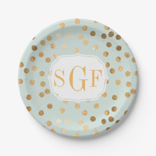 Monogrammed Pale Mint Blue and Gold Glitter Dots Paper Plate