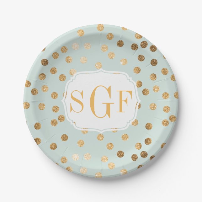 Monogrammed Pale Mint Blue and Gold Glitter Dots Paper Plate (Front)
