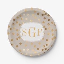 Monogrammed Pale Tan and Gold Glitter Dots Paper Plate