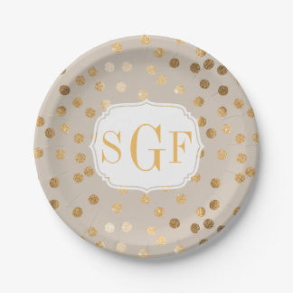 Monogrammed Pale Tan and Gold Glitter Dots Paper Plate