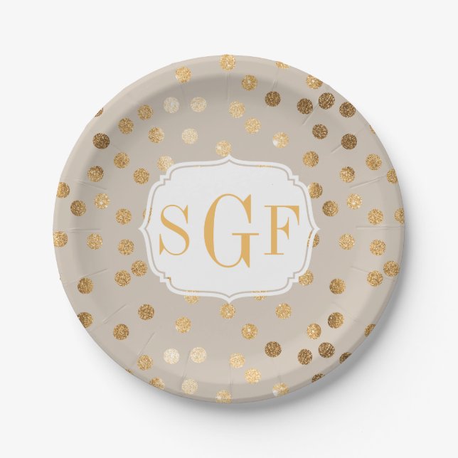 Monogrammed Pale Tan and Gold Glitter Dots Paper Plate (Front)