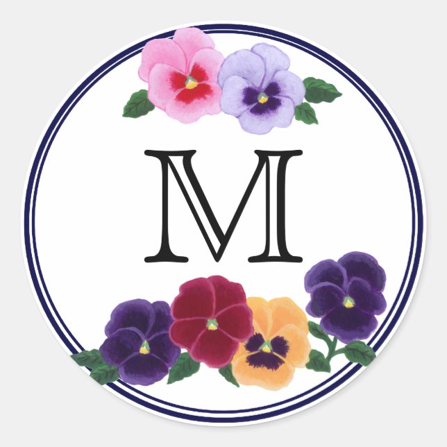 Monogrammed Pansies Floral Classic Round Sticker (Front)
