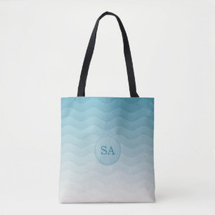 Monogrammed Pastel Blue Waves Ombre Tote Bag