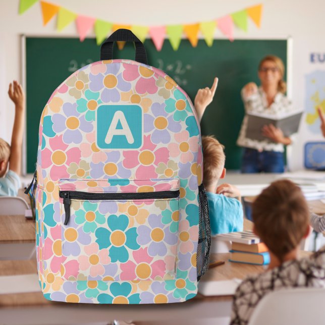 Monogrammed Pastel Flowers Printed Backpack (Creator Uploaded)