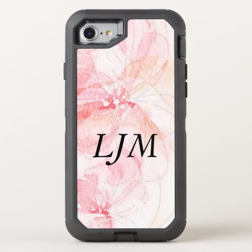 Monogrammed Pastel Pink Floral Watercolor OtterBox Defender iPhone 8/7 Case