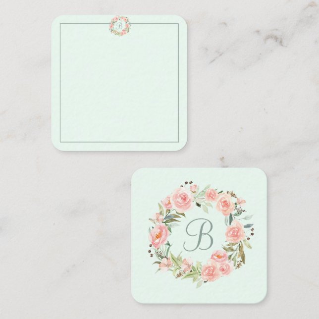 Monogrammed Pastel Pink Flower Wreath Diary Card (Front/Back)